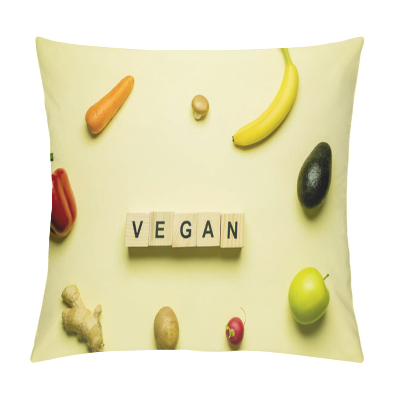 Personality  Top View Of Cubes With Vegan Lettering Near Fresh Food On Yellow Background  Pillow Covers