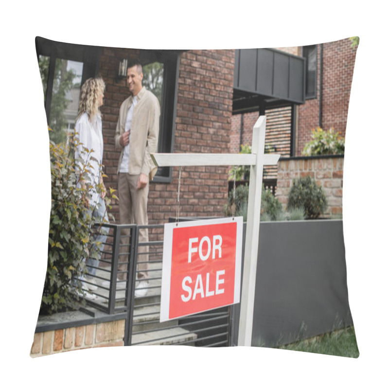 Personality  Joyful And Successful Property Broker Talking To Woman Near Contemporary House For Sale On Street Pillow Covers