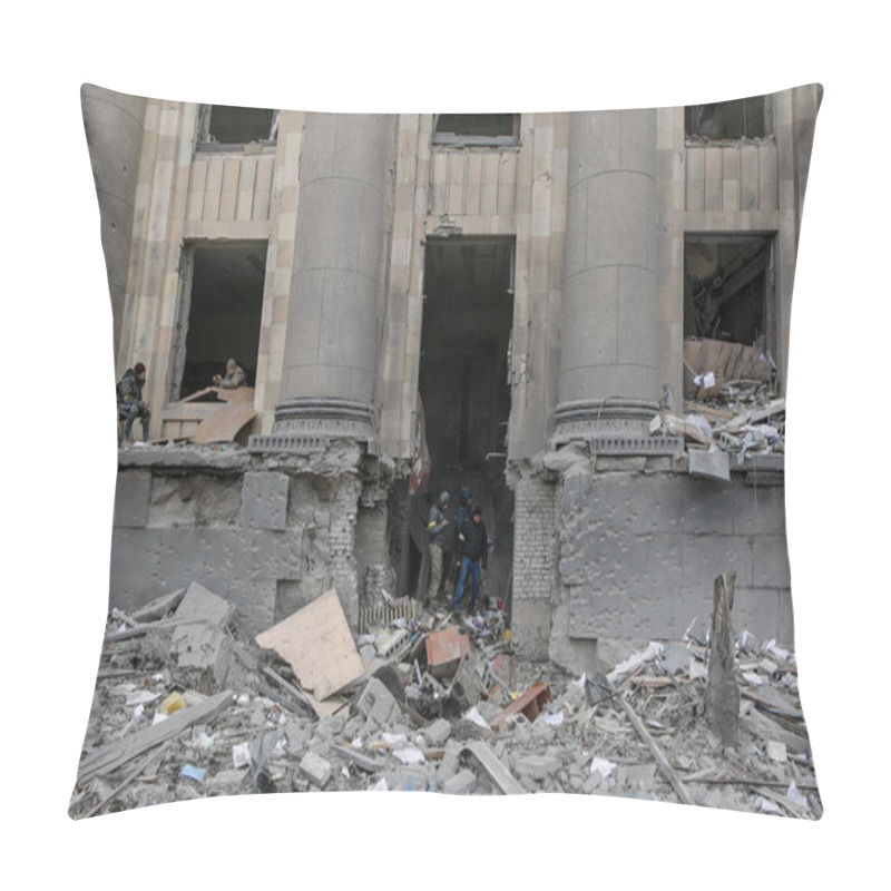 Personality  UKRAINE, KHARKIV, 01 MARCH 2022: View Of The Ruined City Center Of Kharkiv. Russia's Invasion Of Ukraine. Pillow Covers