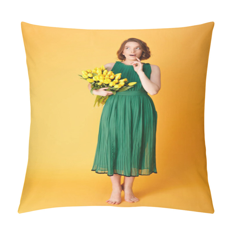 Personality  Pensive Young Woman In Green Dress With Bouquet Of Yellow Tulips Looking Away Isolated On Orange Pillow Covers