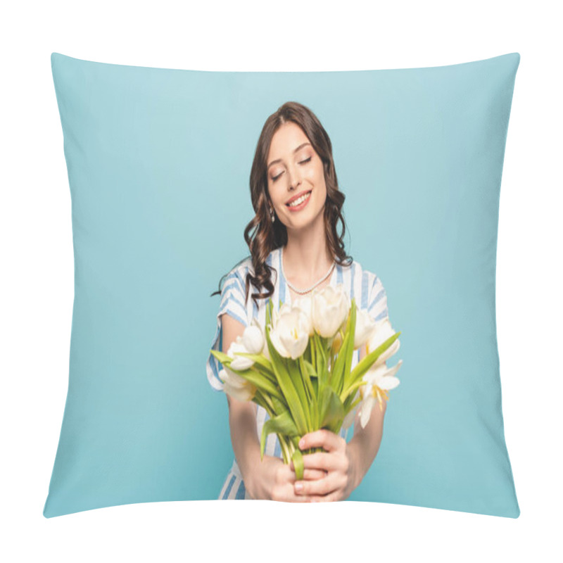 Personality  Happy Young Woman Holding Bouquet Of White Tulips With Closed Eyes Isolated On Blue Pillow Covers