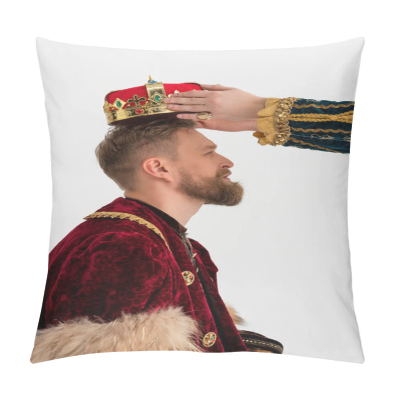 Personality  Cropped View Of Man Putting Crown On King On Grey Background  Pillow Covers