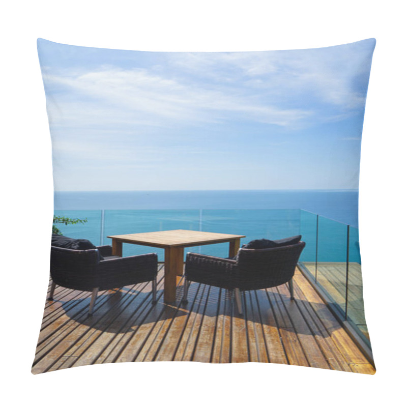 Personality  Table And Rattan Outdoor Armchair Setting On Wooden Deck And Glass Balcony With Panoramic Andaman Ocean Sea View, Green Tree And Blue Sky Background, Phuket, Thailand Pillow Covers