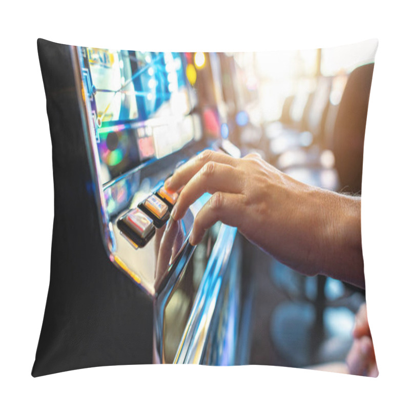 Personality  Woman Playing Classic Slot Machine Inside Las Vegas Casino. One Handed Bandit Game Play. Gambling Industry Theme. Pillow Covers