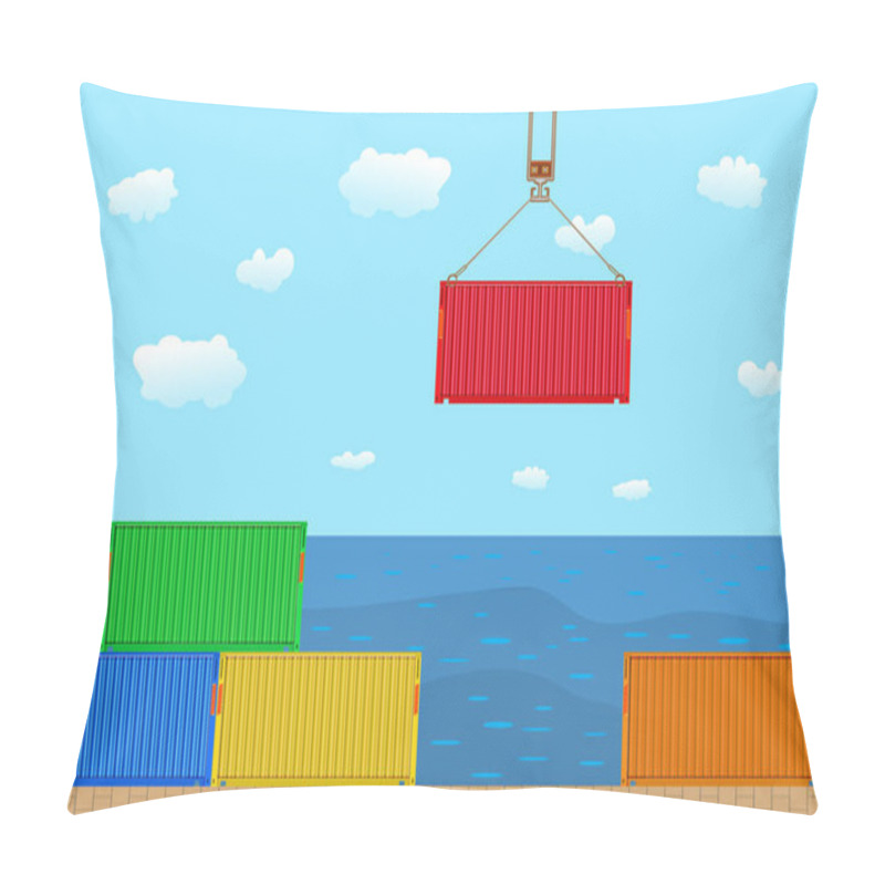 Personality  Containers Loading And Unloading With Crane In Port. Crane With Container In Pier On Sea Background. Commercial Transportation Logistics, Maritime Container Carriage. Delivery Of Cargo Shipping. Stock Vector Illustration Pillow Covers