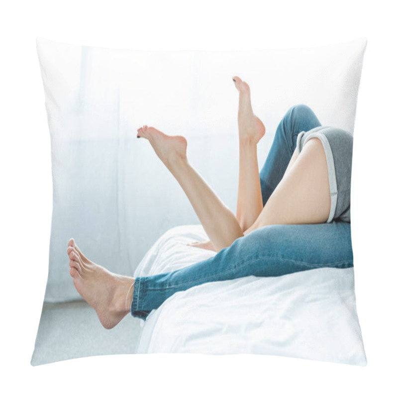 Personality  Cropped View Of Barefoot Couple Lying In Bed Pillow Covers