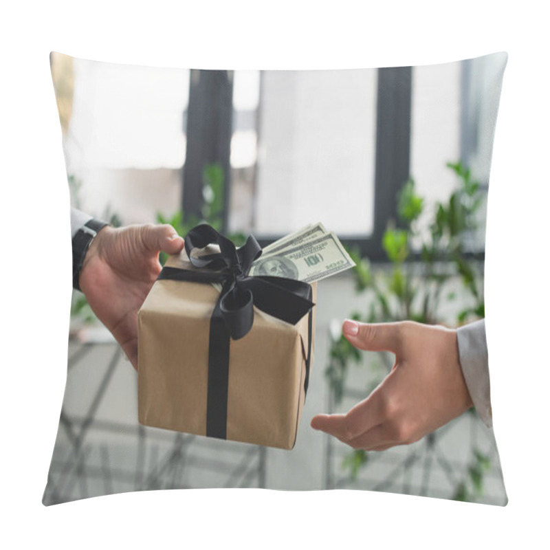 Personality  Partial View Of Businessman Giving Present And Money To Woman In Office, Anti-corruption Concept Pillow Covers