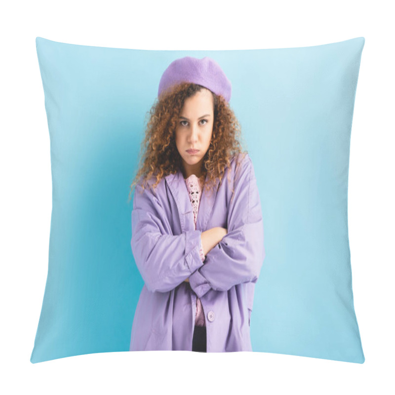 Personality  Displeased Woman In Beret Puffing Cheeks While Standing With Crossed Arms On Blue Pillow Covers