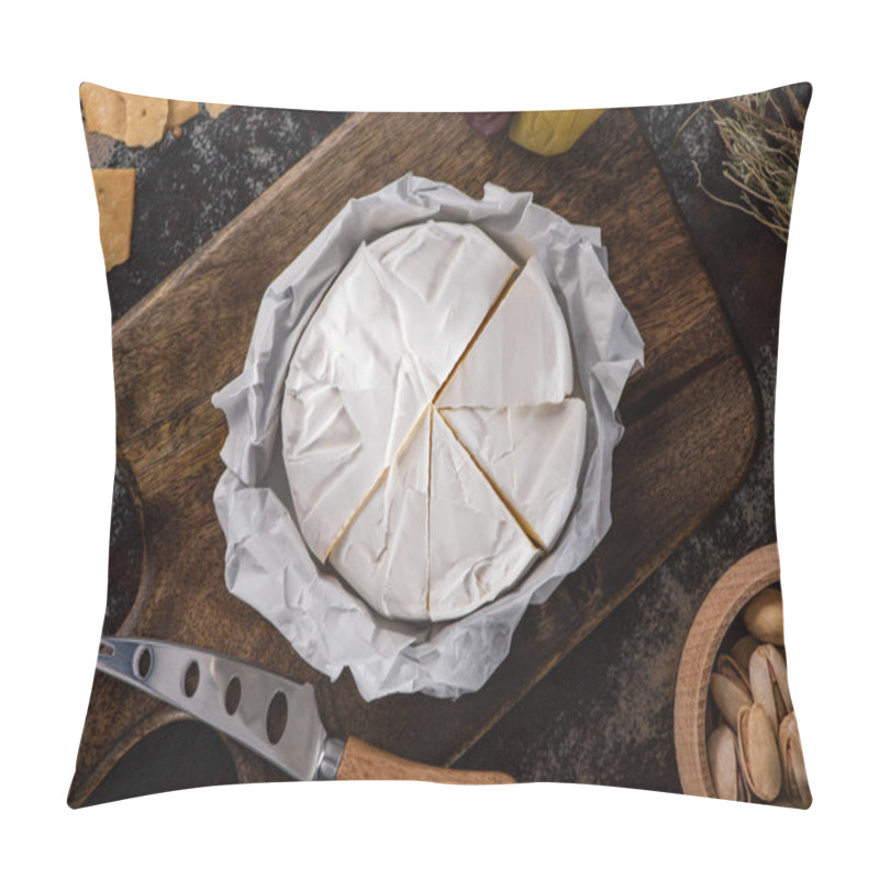 Personality  Top View Of Brie Cheese Platter With Olives, Crackers And Pistachios Near Knife Pillow Covers