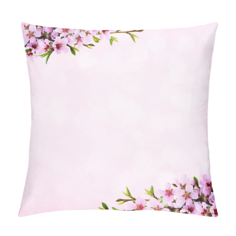 Personality  Spring Twigs Of Peach Flowers And Early Leaves In Corner Arrangements On Pink Background. Holiday Bokeh. Pillow Covers