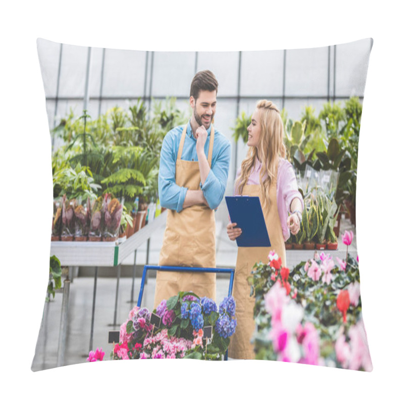 Personality  Couple Of Gardeners With Clipboard Filling Order Of Flowers In Greenhouse Pillow Covers