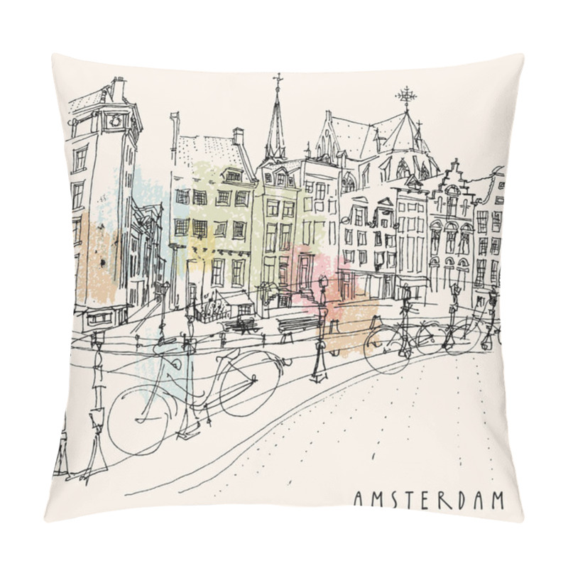 Personality  Bridge In Amsterdam, Holland, Netherlands Europe. Dutch Traditional Historical Buildings. Typical Dutch Houses And Bicycles. Hand Drawing. Travel Sketch. Book Illustration, Postcard, Poster In Vector Pillow Covers