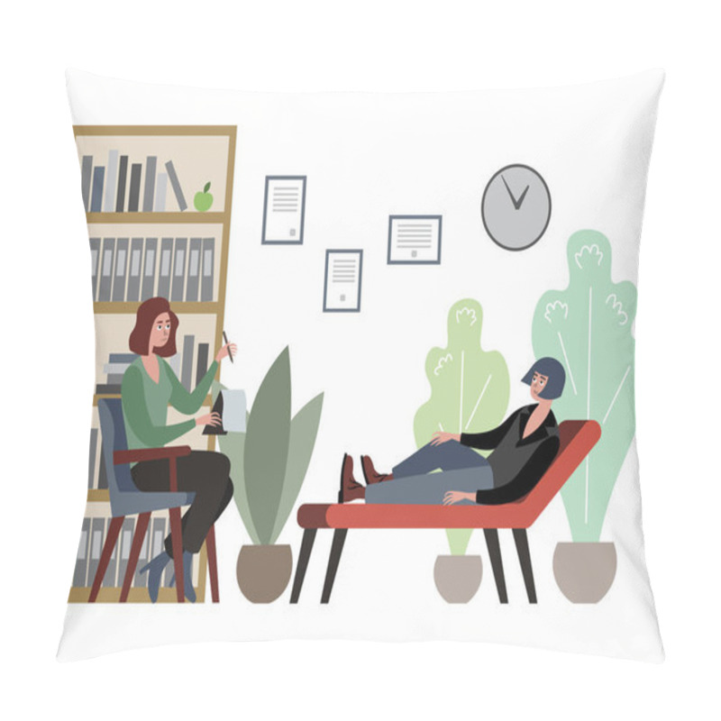 Personality  Man At Psychotherapist Office Raster Illustration. Flat Style Pillow Covers