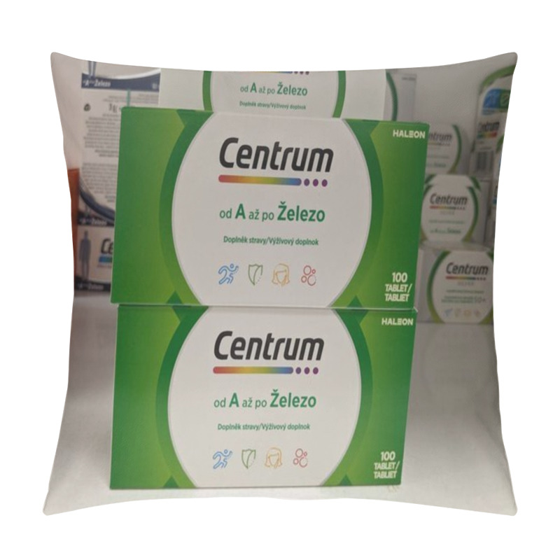 Personality  Prague, Czech Republic - July 10 2024: CENTRUM Box Of Multivitamin Dietary Supplement With VITAMINS And MINERALS By PFIZER, Used For Overall Health And Immune Support. Pillow Covers