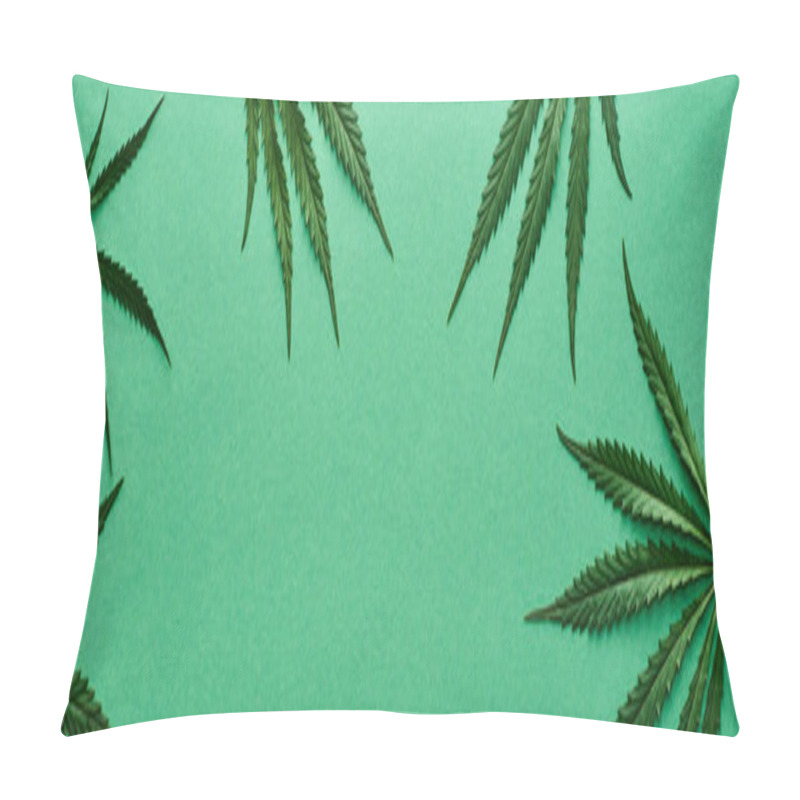 Personality  Top View Of Green Cannabis Leaves On Green Background With Copy Space, Panoramic Shot Pillow Covers