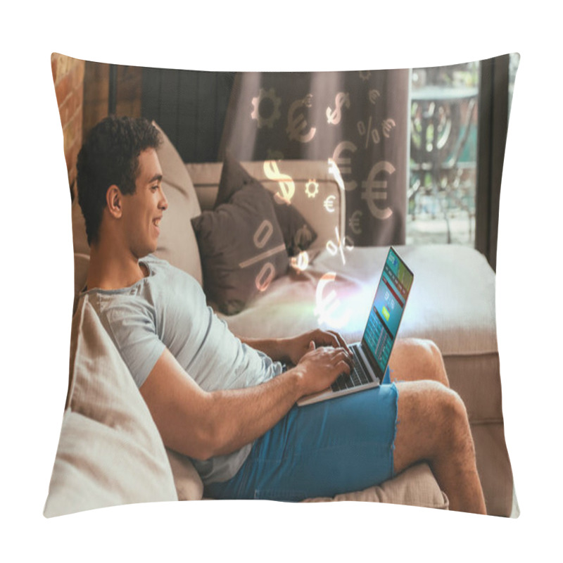 Personality  Happy Mixed Race Man Chilling And Using Laptop With SportsBet Website On Screen Near  Money Signs Illustration  Pillow Covers