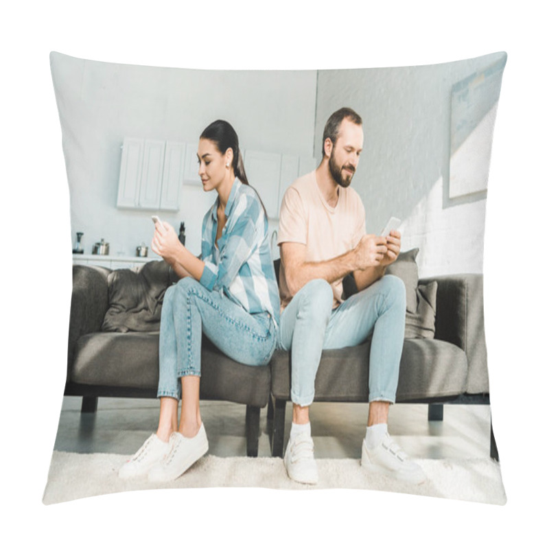 Personality  Couple Sitting On Couch, Facing Opposite Direction And Using Smartphones At Home Pillow Covers