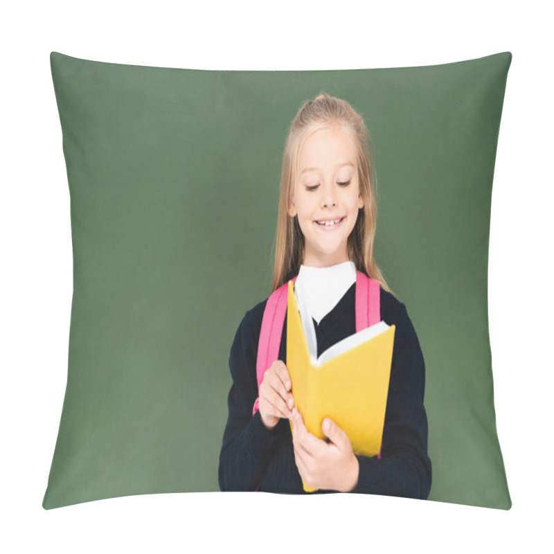 Personality  Smiling Schoolgirl Reading Book While Standing Near Green Chalkboard Pillow Covers