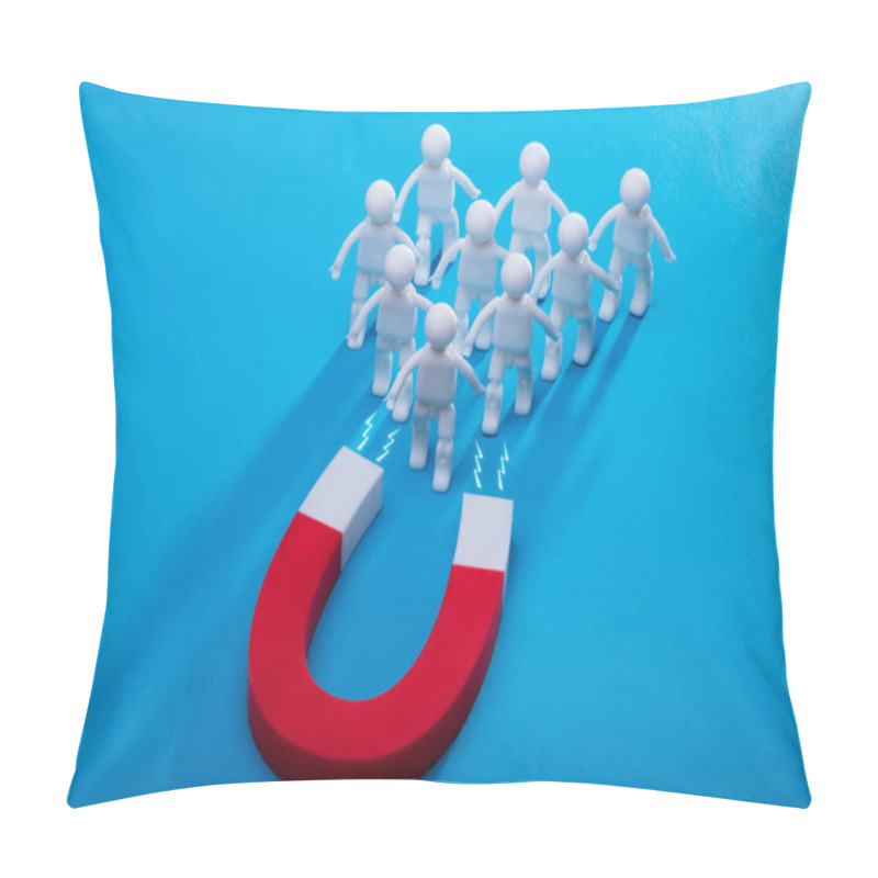 Personality  Elevated View Of Horseshoe Magnet Attracting Human Figures Isolated On Blue Background Pillow Covers