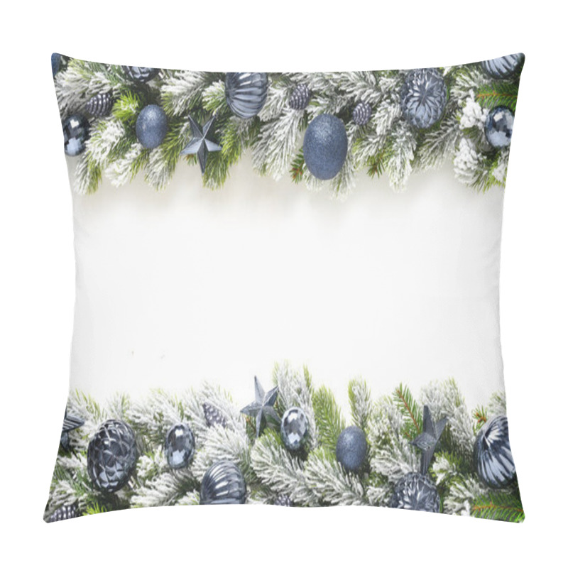 Personality  Christmas Frame With Blue Baubles And Stars In Row On Snowy Evergreen Branches. Pillow Covers