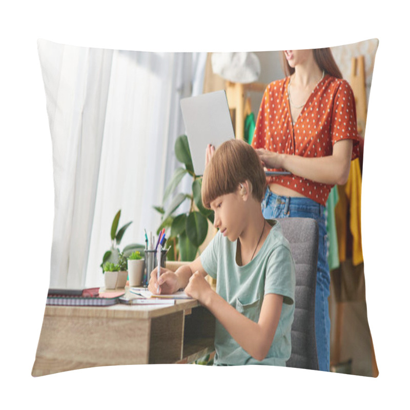 Personality  A Mother Watches Her Hearing Impaired Son As He Draws Creatively At A Cozy Desk. Pillow Covers