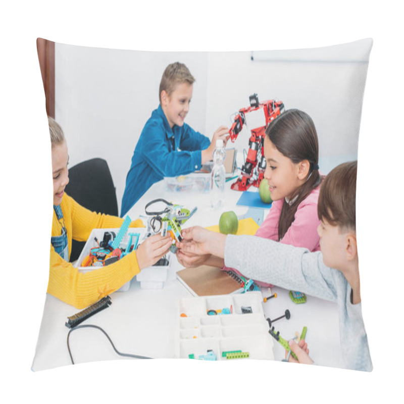 Personality  Smiling Children Working Together On STEM Project In Classrom Pillow Covers