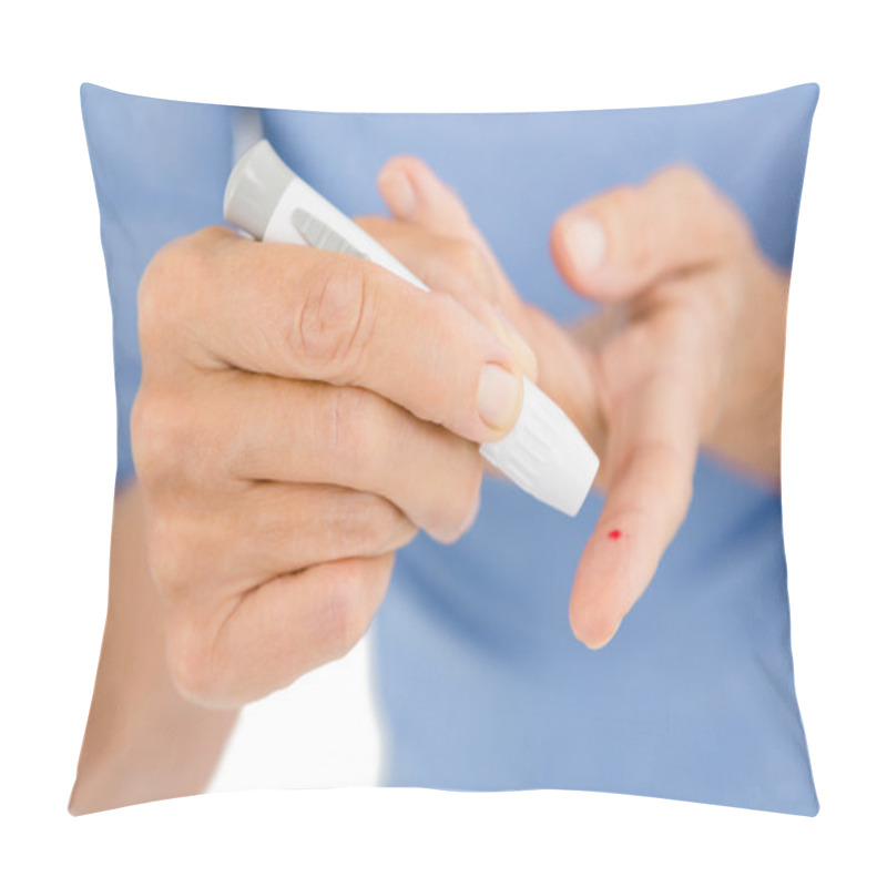 Personality  Woman Using Blood Glucose Monitor Pillow Covers