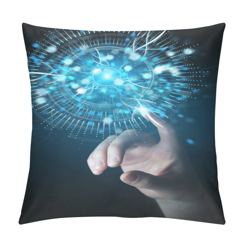 Personality  Businesswoman On Blurred Background Using Digital Eye Surveillance Hologram 3D Rendering Pillow Covers