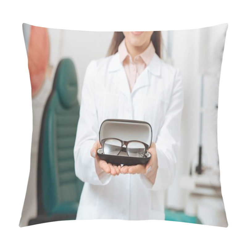 Personality  Partial View Of Optician In White Coat Holding Pair Of Eyeglasses In Clinic Pillow Covers