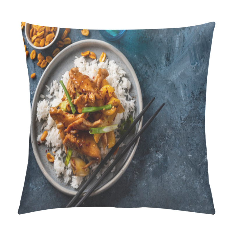 Personality  Kung Pao Chicken, Stir-fried Chinese Sichuan Traditional Sichuan  Dish With Chicken, Peanuts, Vegetables And Chili Peppers. Top View. Copy Space. Pillow Covers