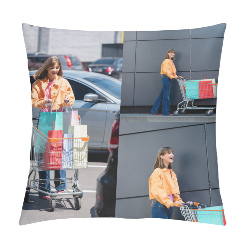 Personality  Collage Of Young Woman Holding Cart With Shopping Bags On Urban Street Pillow Covers