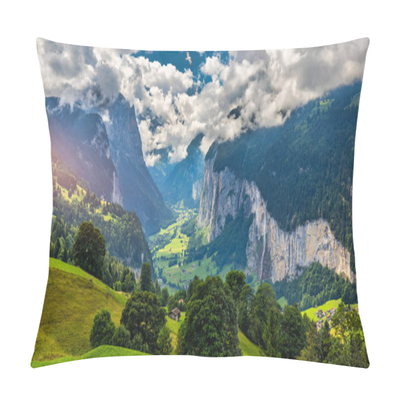 Personality  Amazing Summer Landscape Of Touristic Alpine Village Lauterbrunnen With Famous Church And Staubbach Waterfall. Location: Lauterbrunnen Village, Berner Oberland, Switzerland, Europe. Pillow Covers