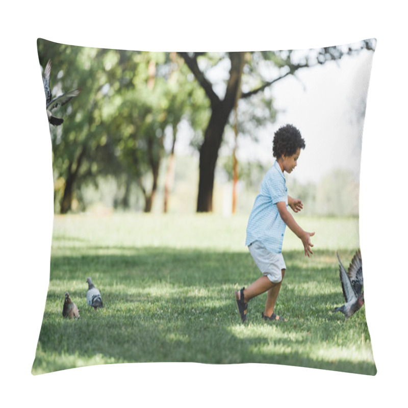 Personality  Adorable African American Kid Gesturing While Looking At Pigeons  Pillow Covers