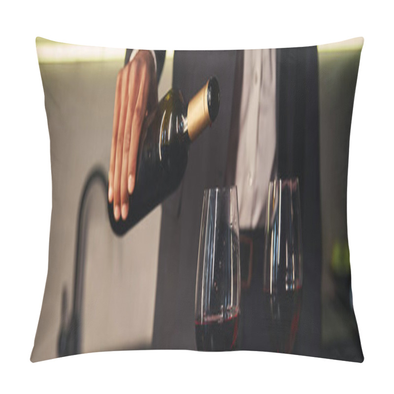 Personality  Cropped View Of Young African American Man In Elegant Attire Pouring Red Vine Into Glasses, Banner Pillow Covers