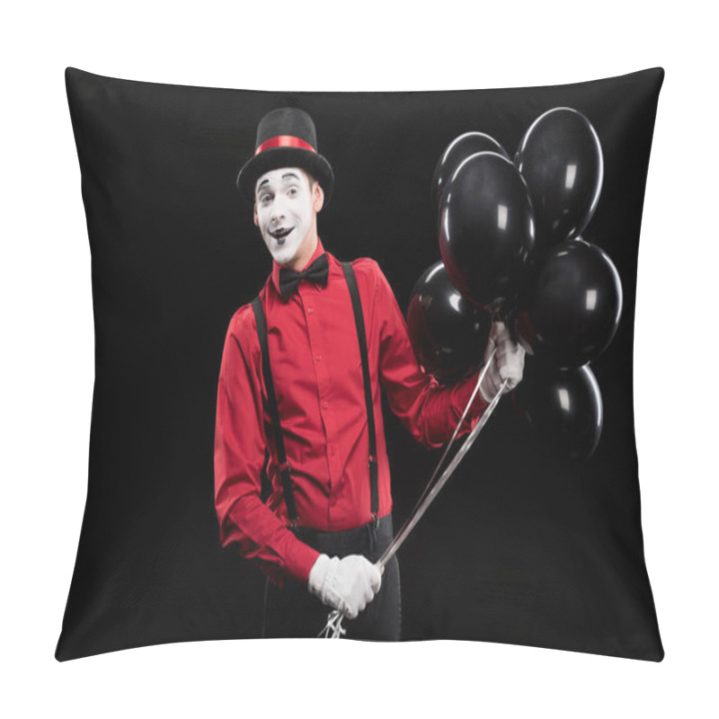 Personality  Smiling Mime Holding Bundle Of Black Balloons Isolated On Black Pillow Covers