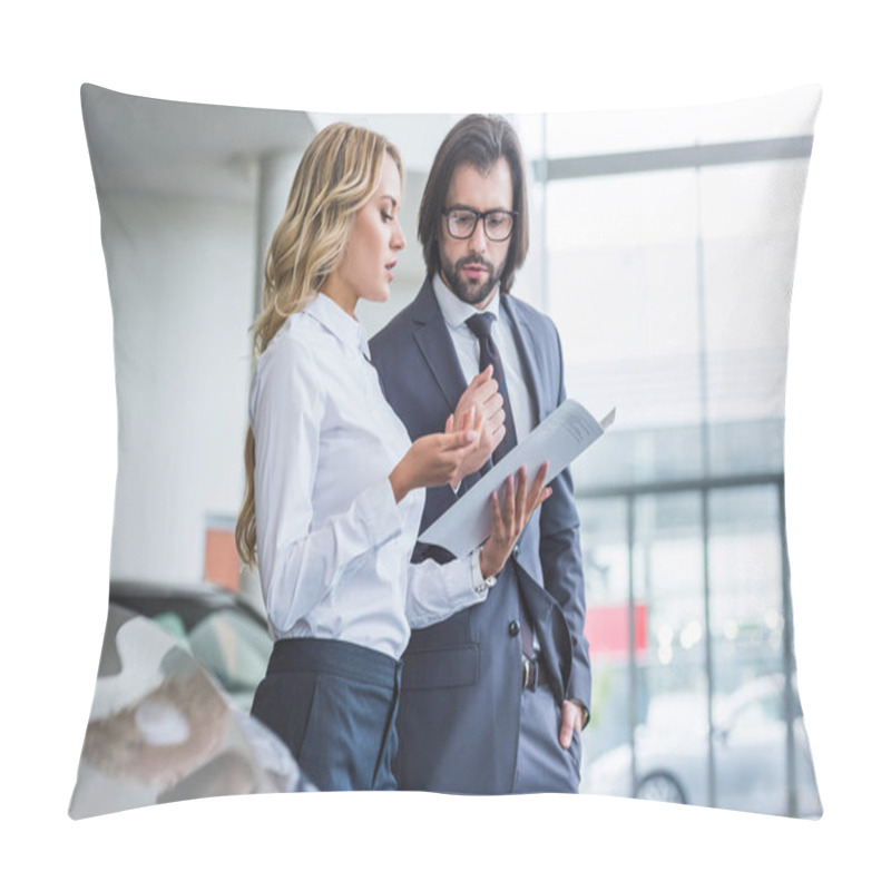 Personality  Side View Of Seller And Stylish Businessman At Dealership Salon Pillow Covers