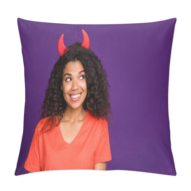 Personality  Photo Of Wavy Cheerful Cute Nice Positive Pretty Devil Looking Into Empty Space Trying To Recollect Spell Need For Celebrating Halloween Isolated Vibrant Color Purple Background Pillow Covers