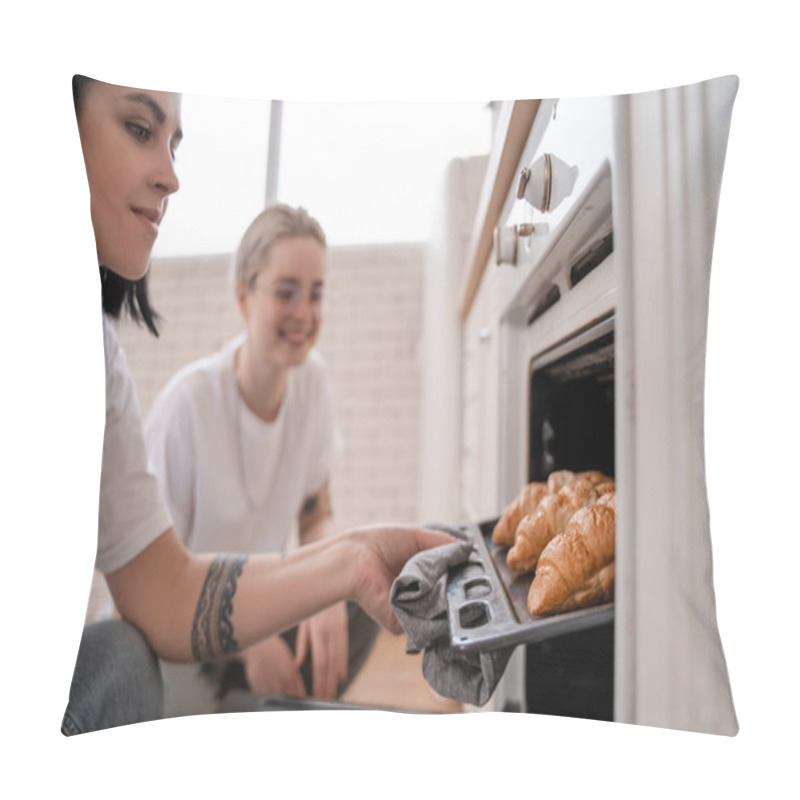 Personality  Tattooed Lesbian Couple Looking At Oven Tray With Freshly Baked Croissants In Kitchen  Pillow Covers