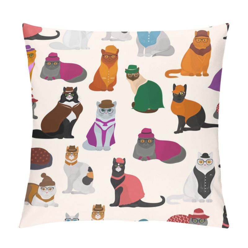 Personality  Seamless Vector Pattern With Cats In Glasses And Clothes On A Light Background Pillow Covers