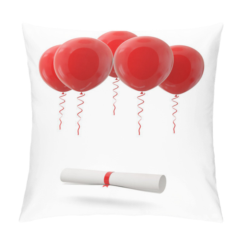 Personality  Diploma Tied With Red Ribbon Hanging On Red Balloons, Isolated On White Background Pillow Covers