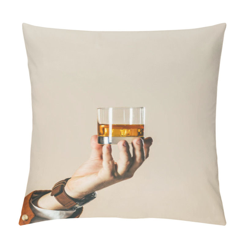 Personality  Cropped Shot Of Man Holding Glass Of Whiskey Isolated On Beige Pillow Covers