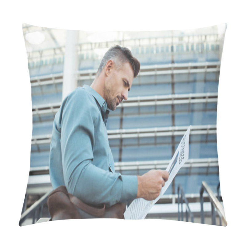 Personality  Low Angle View Of Handsome Middle Aged Man Reading Business Newspaper On Street Pillow Covers