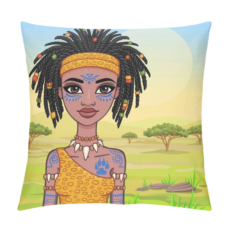 Personality  Animation Portrait Of The Girl  Amazon. Background - A Landscape Of The African Savanna. Vector Illustration. Pillow Covers