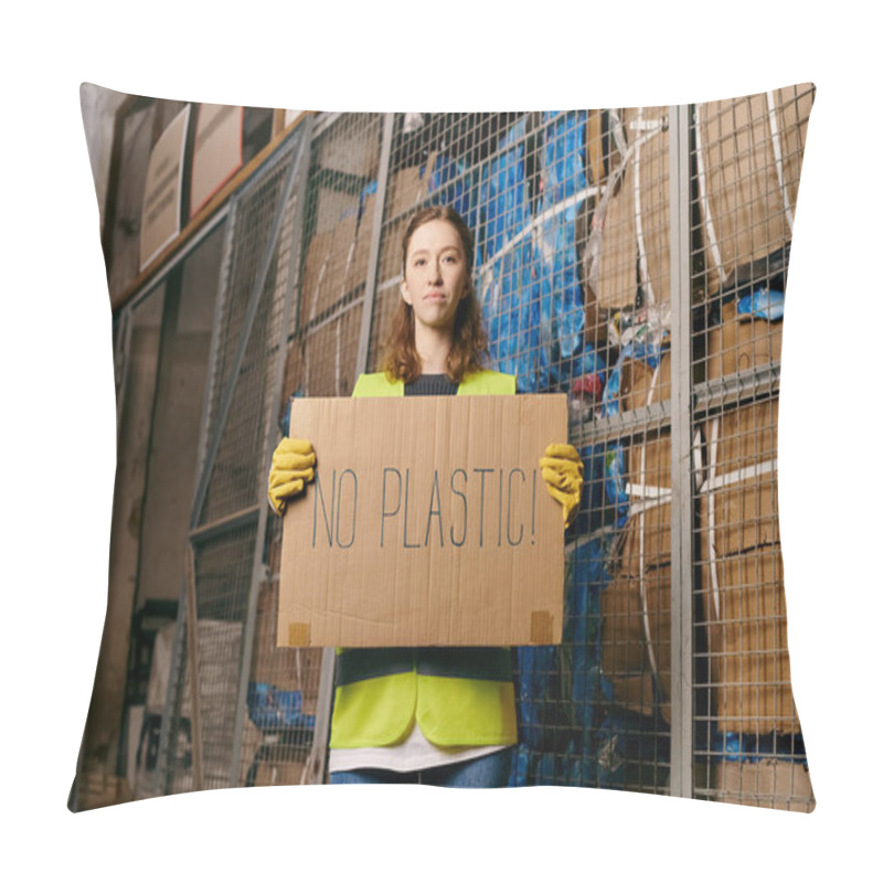 Personality  Young Volunteer In Gloves And Safety Vest Holds A Sign Saying No Plastic While Sorting Waste. Pillow Covers