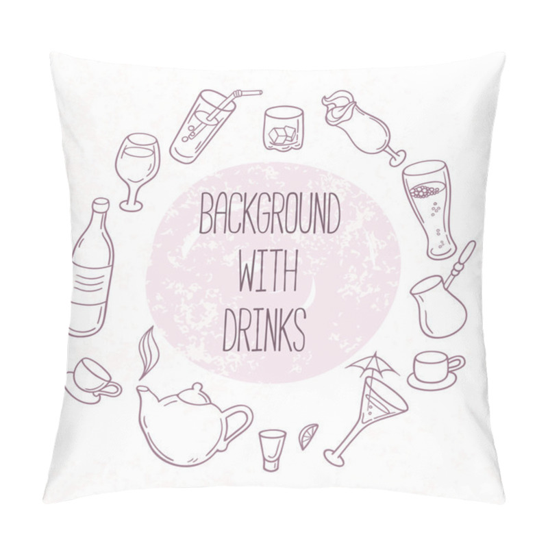 Personality  Set Of Outline Drinks In Vector. Backgrond With Beverages For Design Pillow Covers