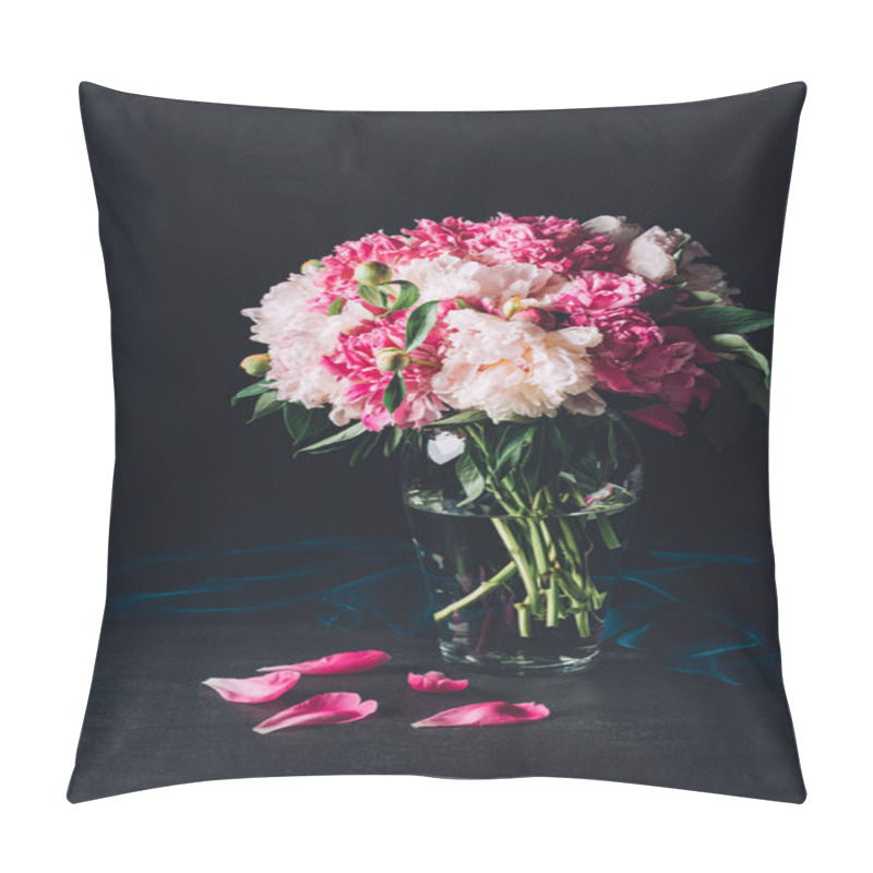 Personality  Beautiful Bouquet Of Pink Peonies In Glass Vase On Dark Background Pillow Covers