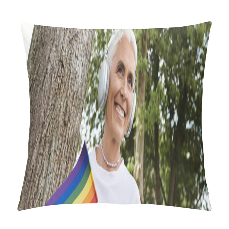 Personality  Joyful Woman Embraces Her Identity With A Rainbow Flag And Headphones Outdoors. Pillow Covers