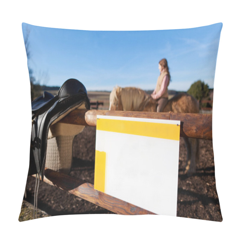 Personality  Empty Sign And Saddle On The Fence Of The Paddock Pillow Covers