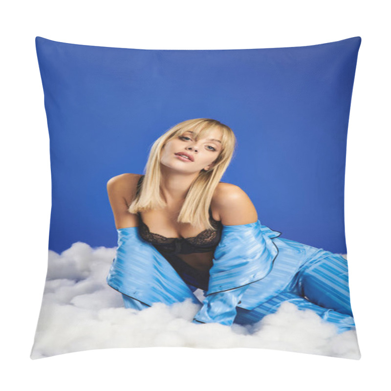 Personality  A Blonde Woman In Vibrant Attire Poses Gracefully Atop Fluffy Clouds In A Dreamlike Setting. Pillow Covers