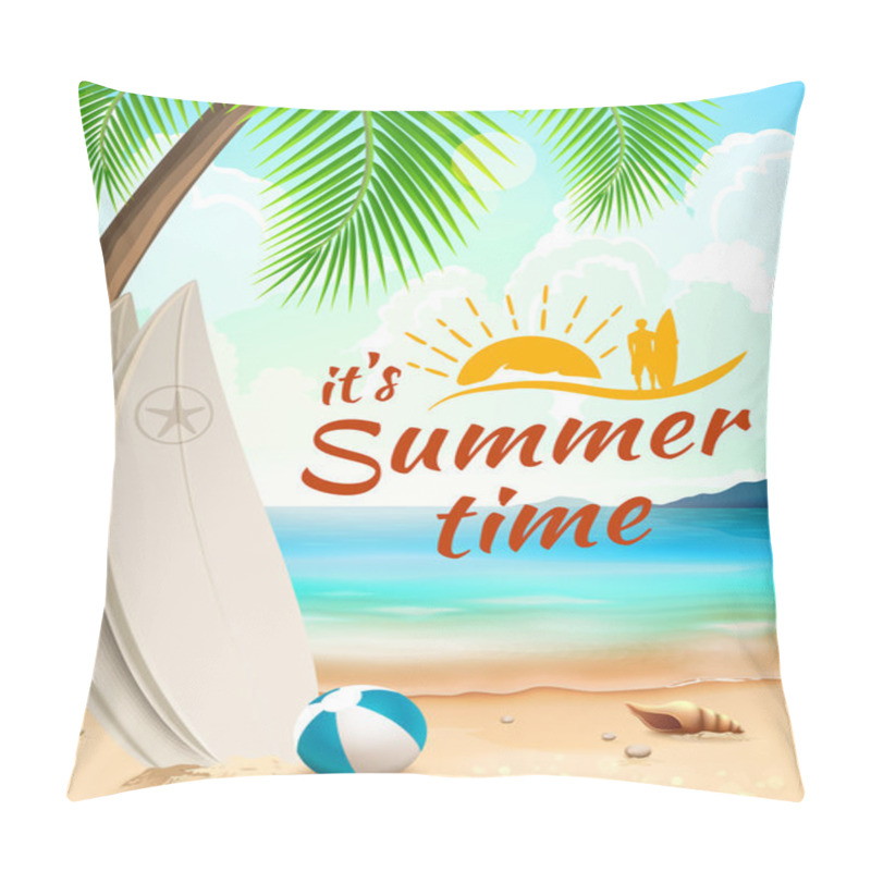 Personality  Summer Background - Surfboard On Against Beach And Waves. Vector Illustration Pillow Covers